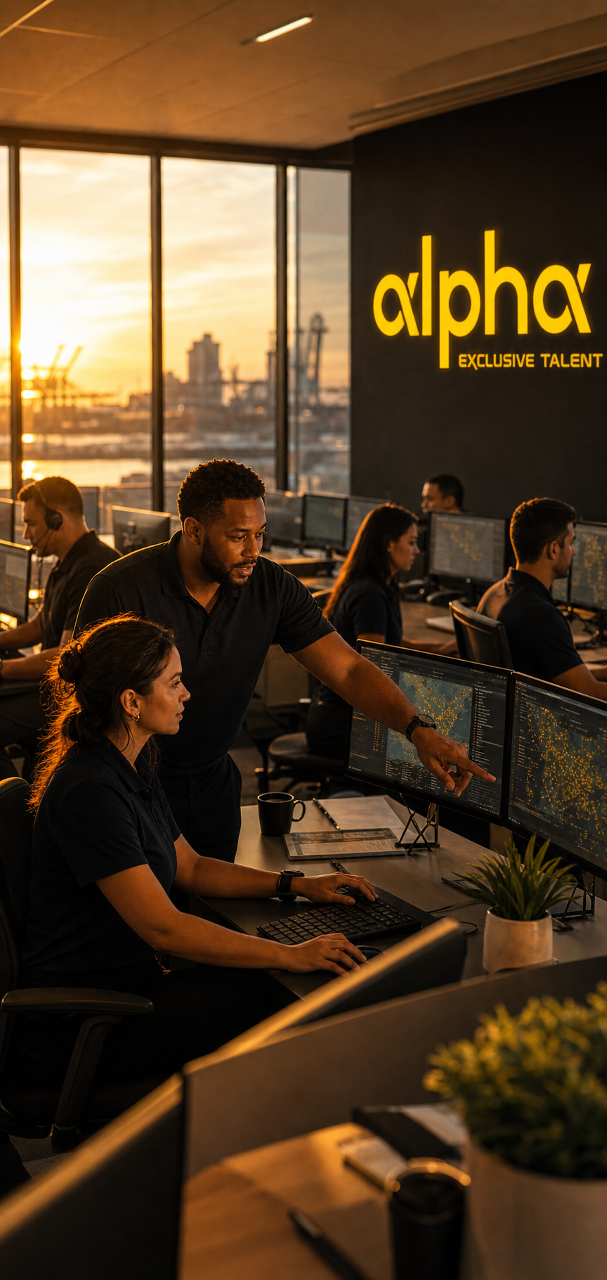 Alpha logistics operations team collaborating at golden hour