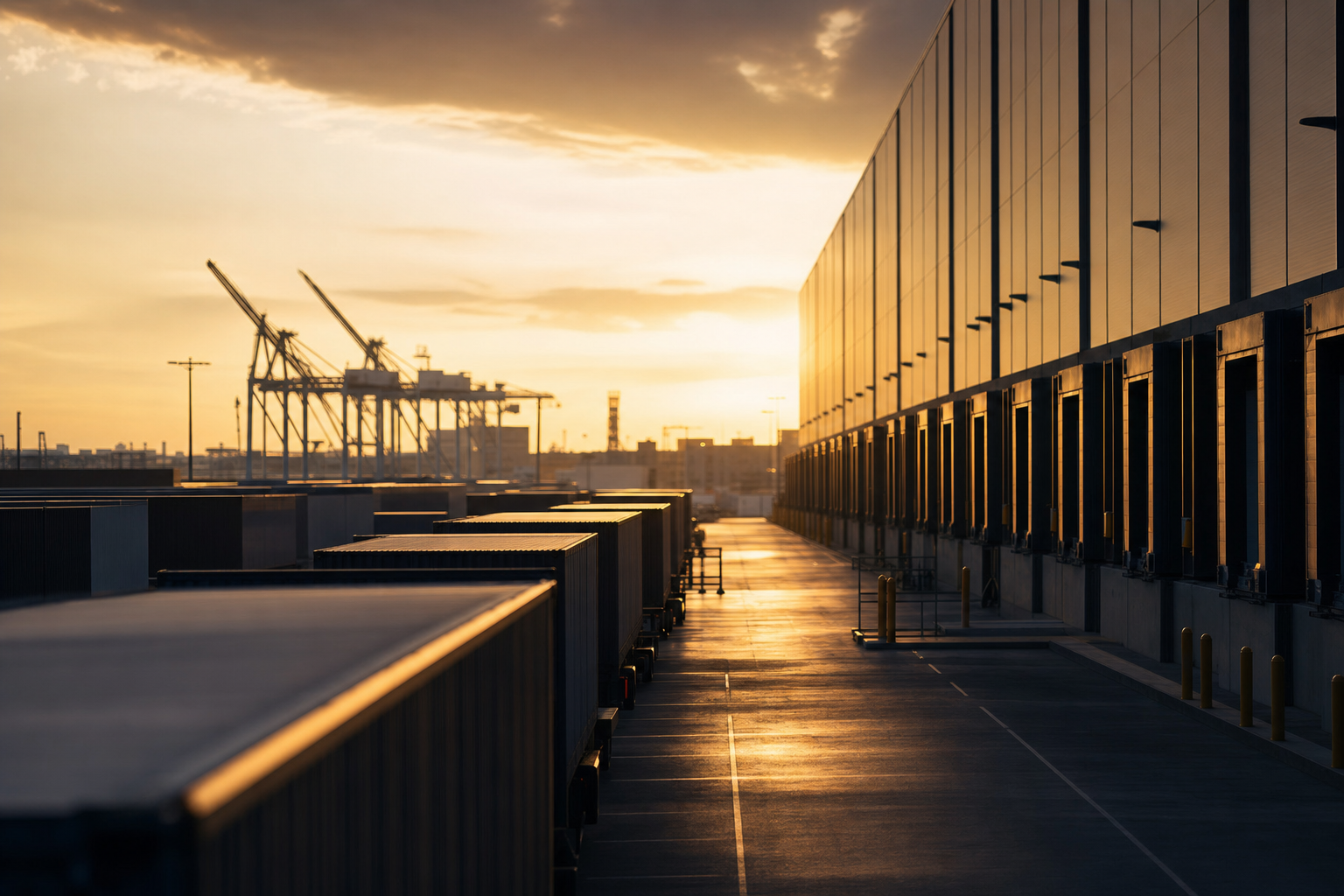 Logistics distribution terminal at golden hour
